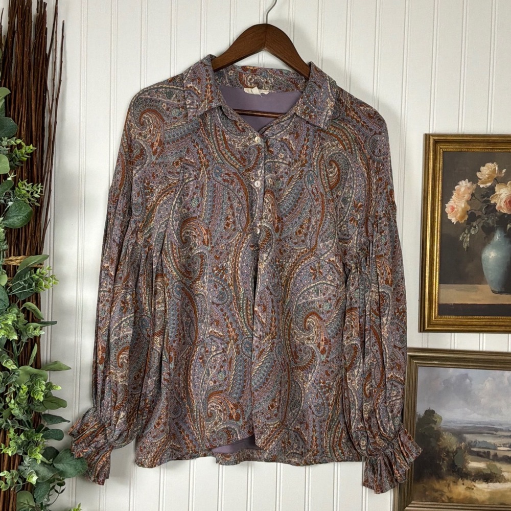 JODIFL Paisley Button Down Blouse Womens Medium Purple Excellent‎ Balloon Sleeve